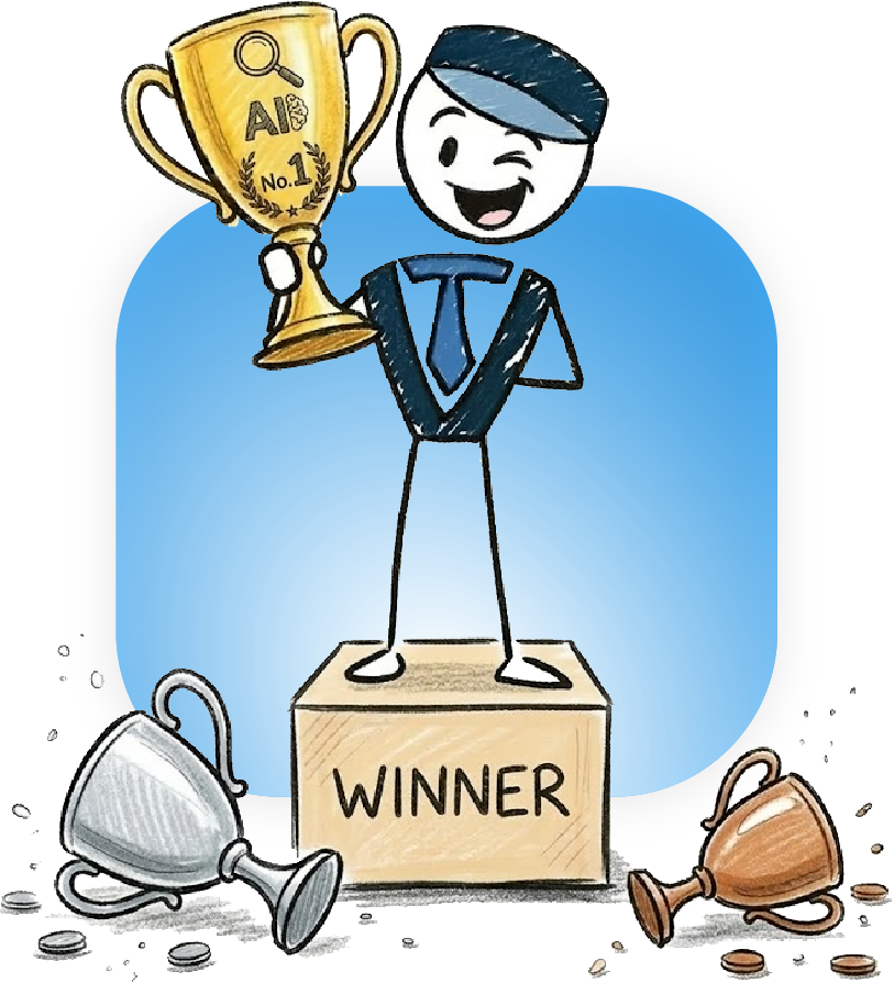 iTech Valet mascot holding number one AI authority trophy after earning answer engine recommendations over competitors