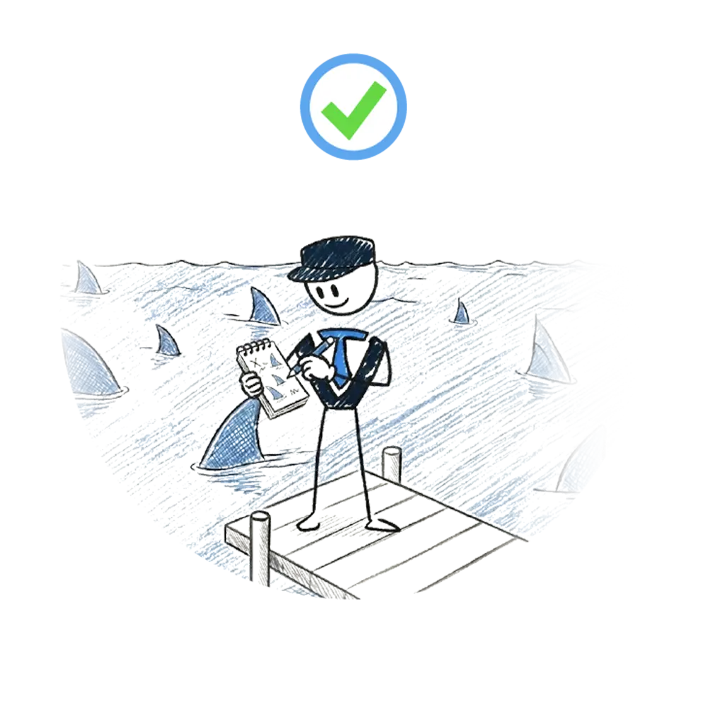 Illustration of business owner standing safely on a dock with a plan while sharks surround the water