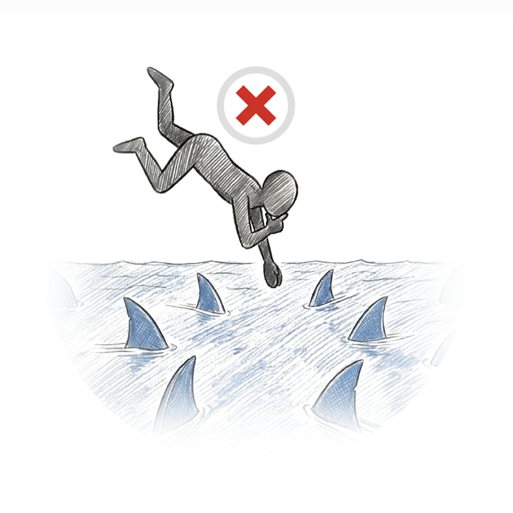 Illustration of business owner diving into shark-filled waters without a plan