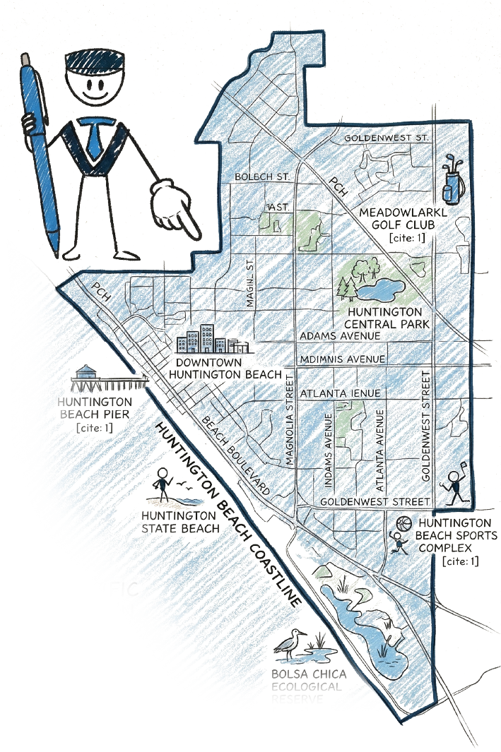 Illustrated map of Huntington Beach California home of iTech Valet AI Authority Agency