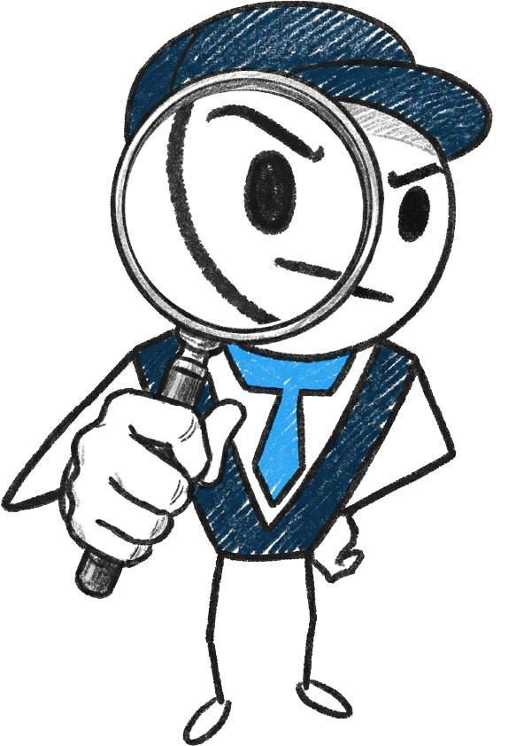 iTech Valet mascot character holding a magnifying glass investigating AI visibility