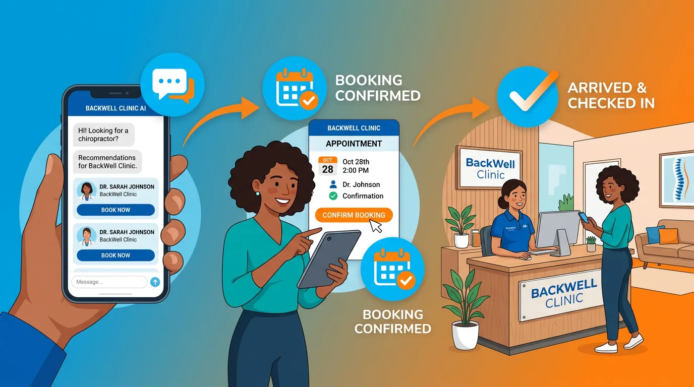 patient journey from AI chiropractor recommendation to booking confirmation at clinic