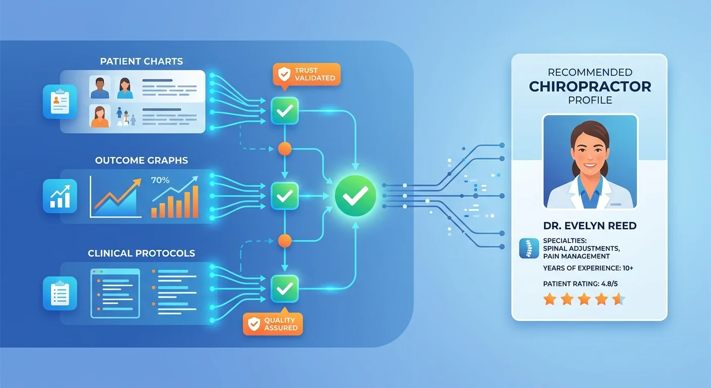 AI answer engine validating clinical transparency data to determine chiropractor recommendation trust