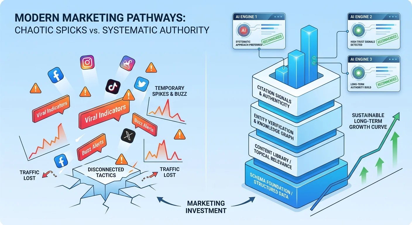 Authority compounding system versus marketing spikes comparison showing AI trust signals