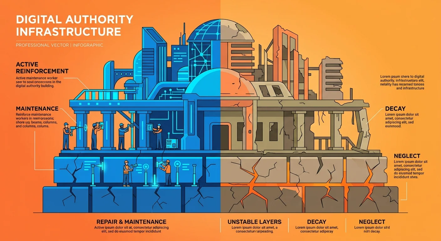 Authority infrastructure showing contrast between maintained and decaying digital assets over time