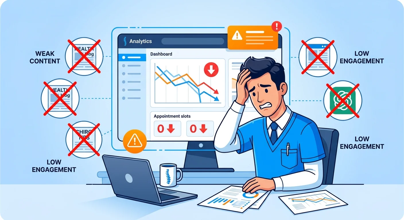 Chiropractor frustrated reviewing declining analytics from AI-generated content producing zero patient bookings