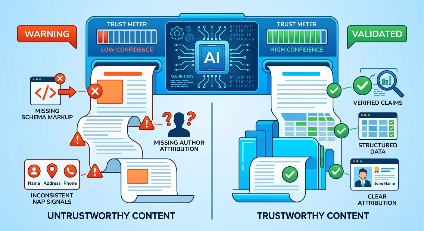 Comparison of cheap content with trust failures versus verified content with AI validation signals