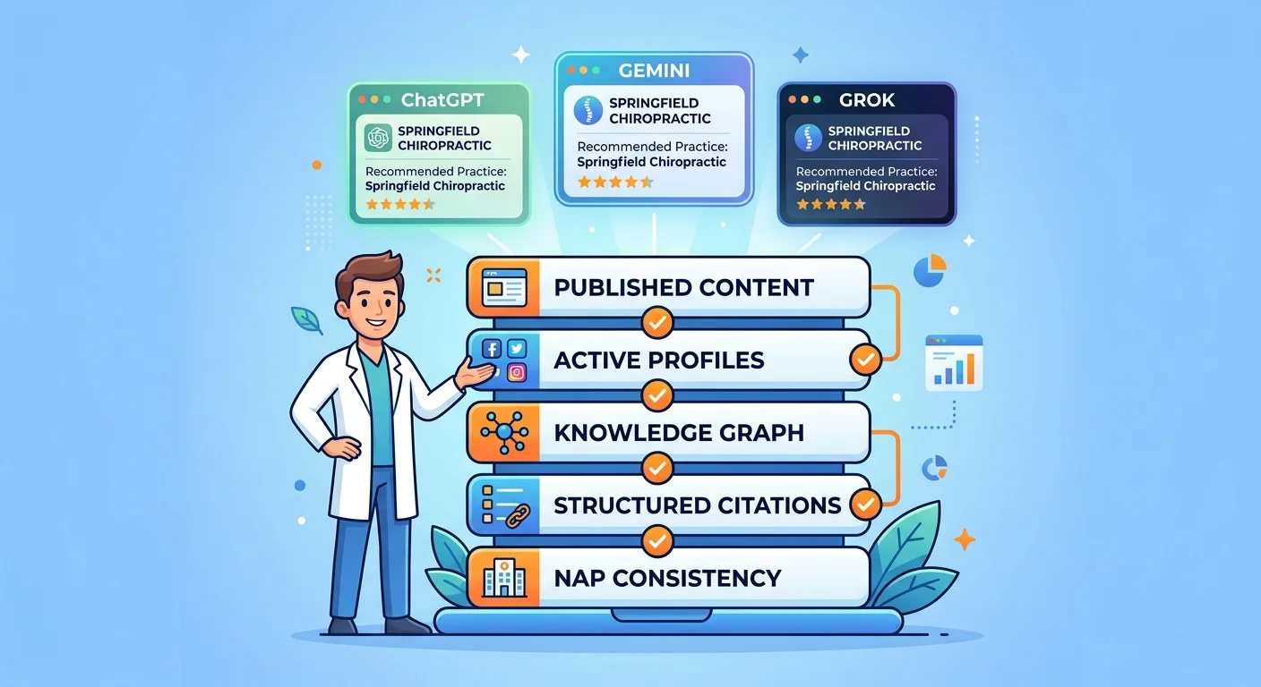 Entity Trust Stack layers from NAP consistency to published content leading to AI recommendations across multiple engines