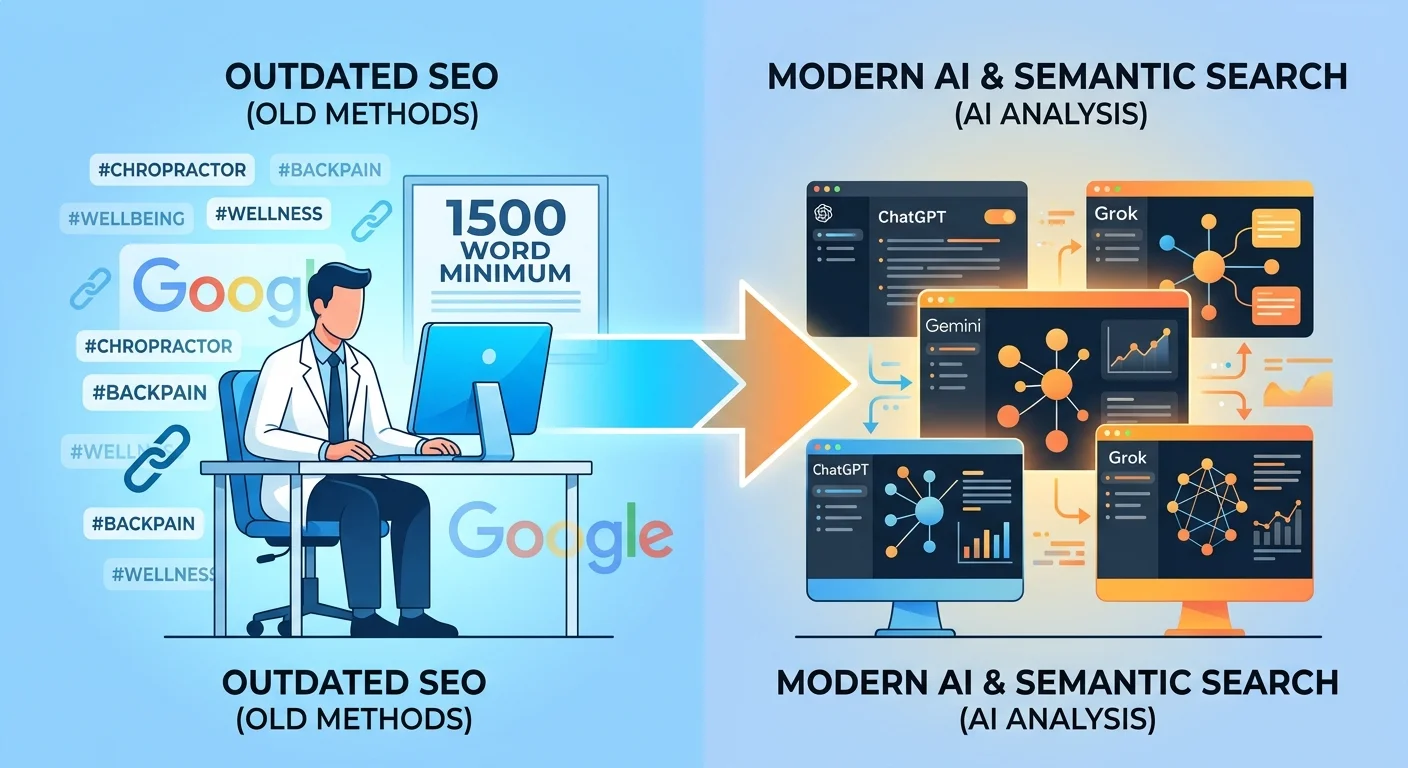 Evolution from traditional SEO word count metrics to AI answer engine semantic analysis and entity trust