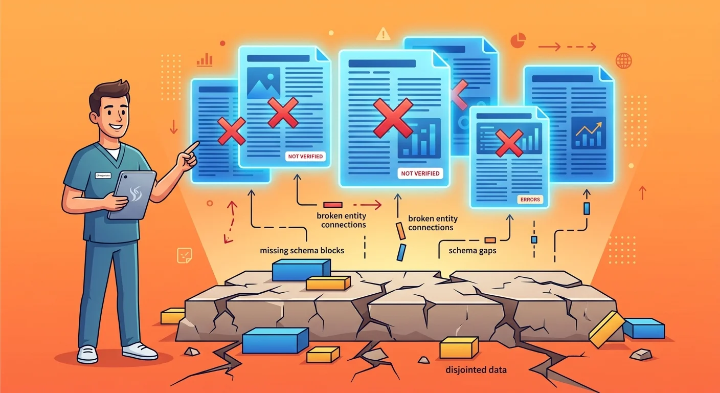 High-quality AEO content floating above broken website infrastructure unable to be read by AI engines