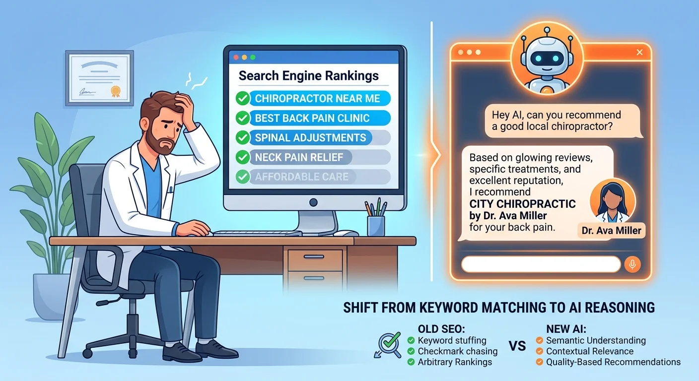 Keyword optimization ranked list versus AI semantic recommendation showing why rankings no longer control visibility