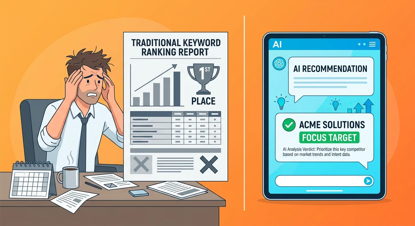 Keyword rankings vs AI recommendation showing obsolete SEO metrics compared to answer engine results