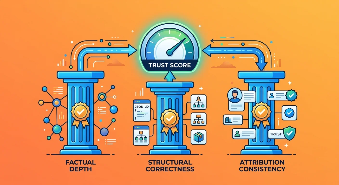 AI engine content evaluation system showing factual depth structural correctness and attribution consistency pillars