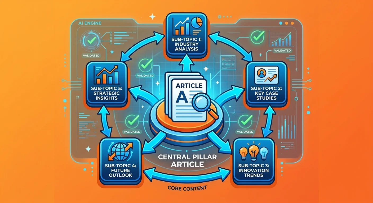 AI analyzing content relationships and authority sibling architecture for entity trust validation