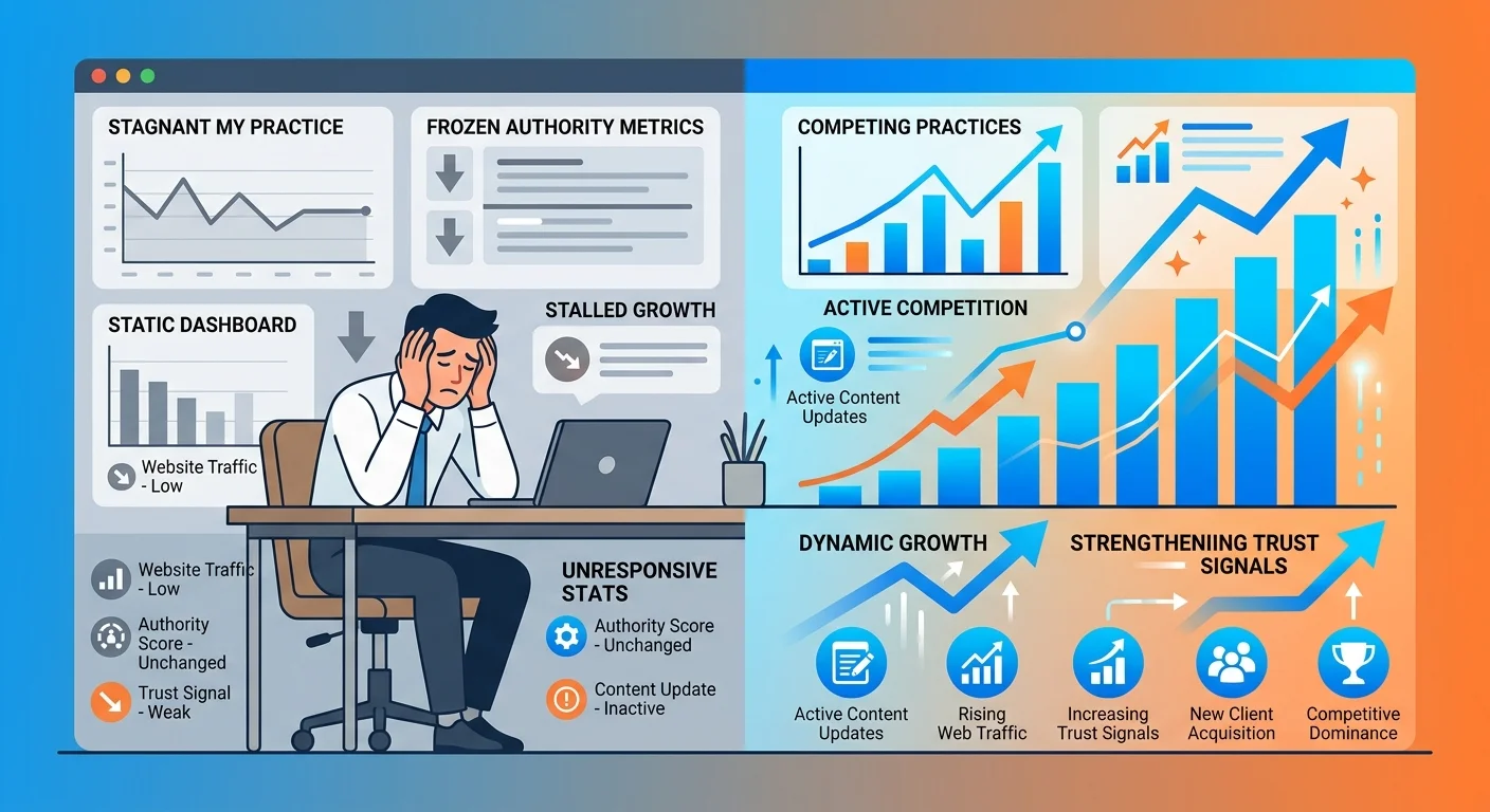 Comparison of static authority approach versus active competitor execution showing widening gap