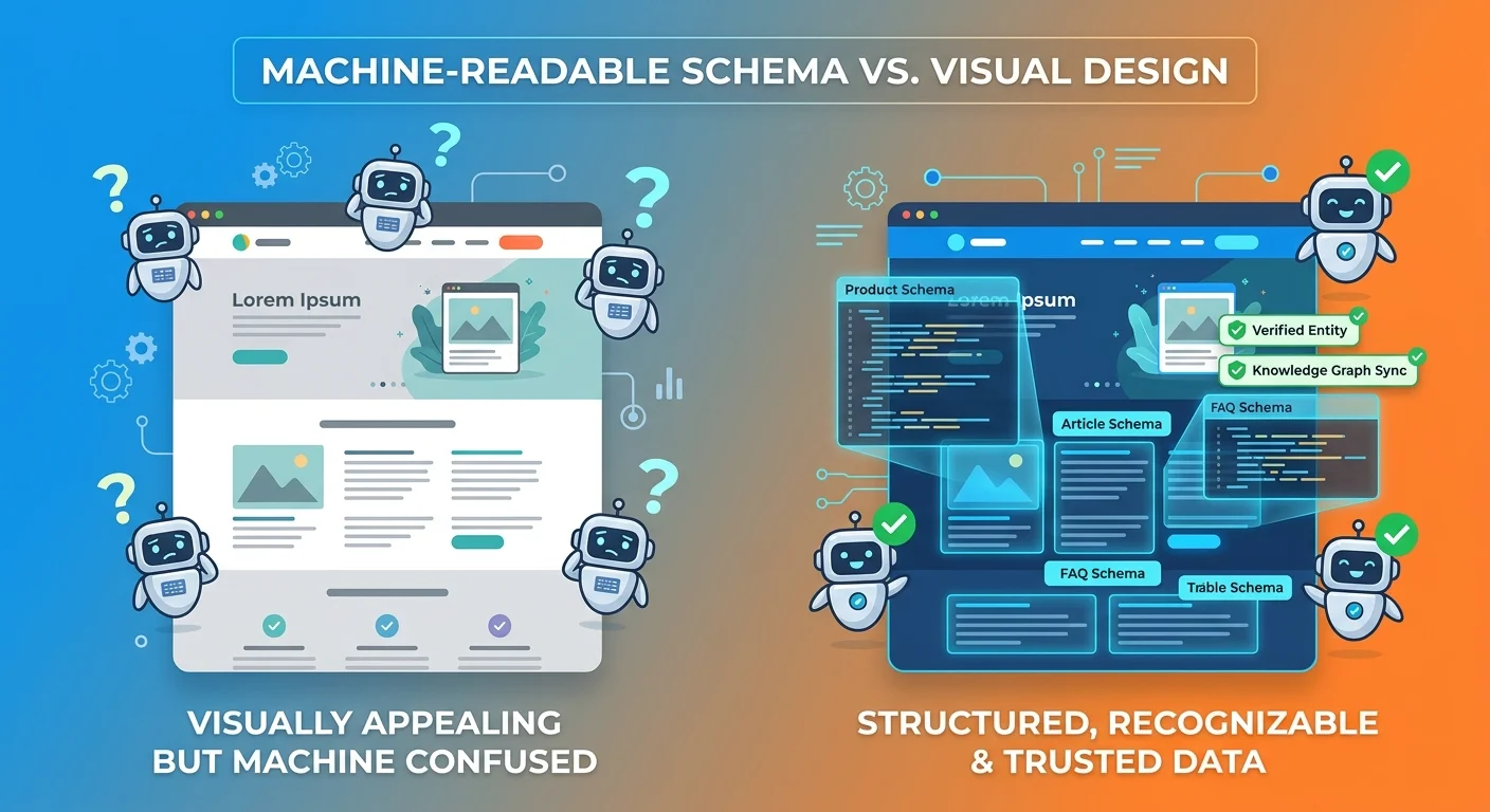 Side-by-side comparison of visually appealing website versus AI-readable website with proper schema markup and entity verification