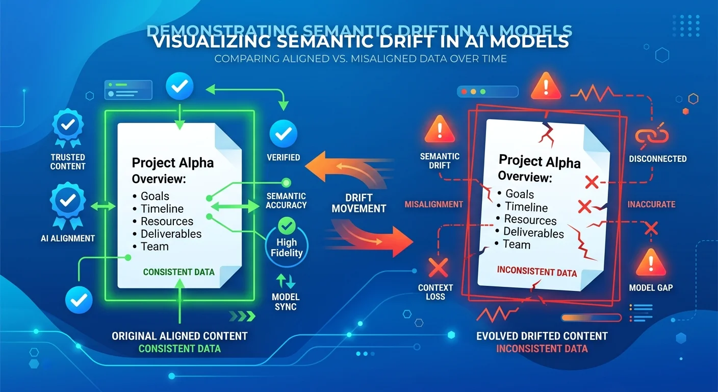 Semantic drift visualization showing content misalignment from AI trust signals over time