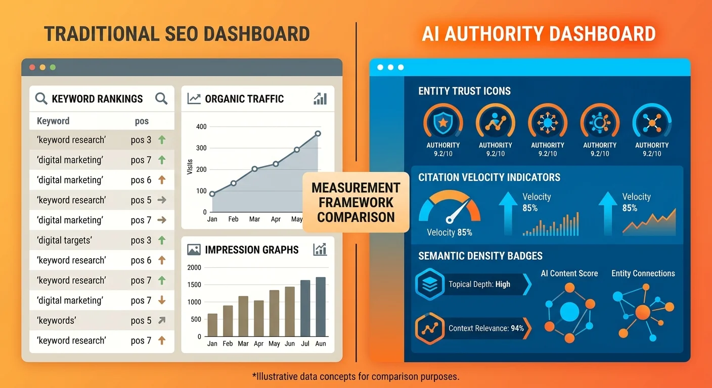 Traditional SEO metrics versus AI authority signals measurement comparison