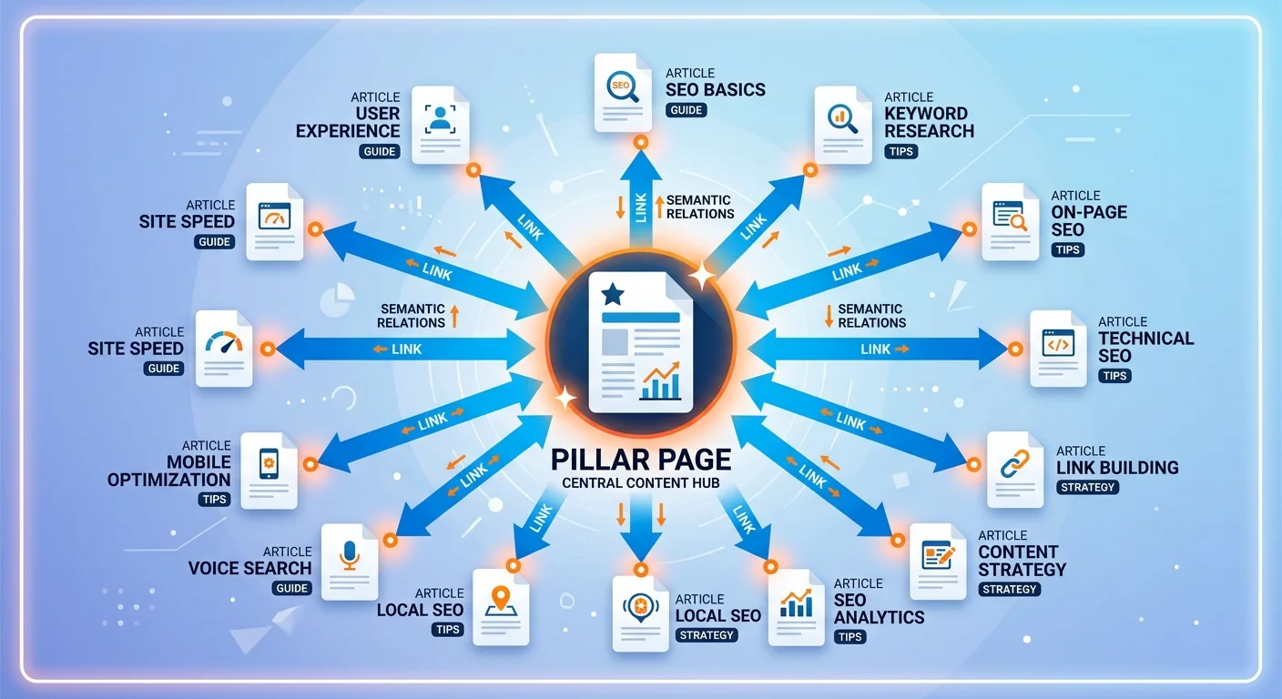 Answer cluster hub and spoke architecture showing pillar page connected to supporting articles