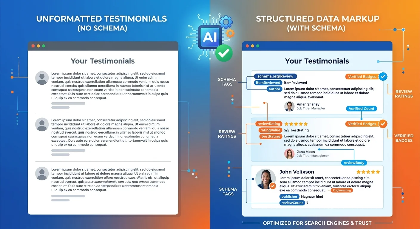 comparison of unstructured testimonials versus machine readable social proof with schema markup