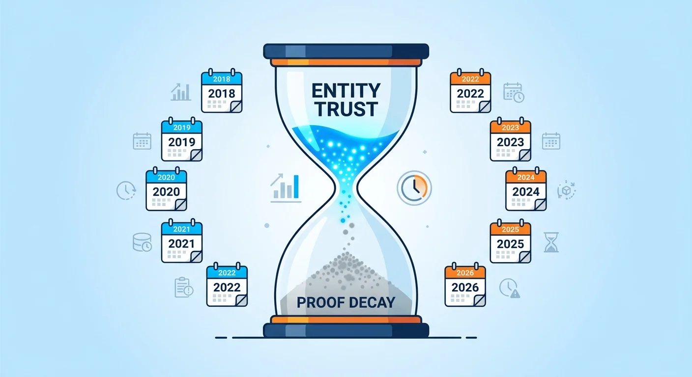 proof decay concept showing how authority erodes without fresh verifiable signals over time