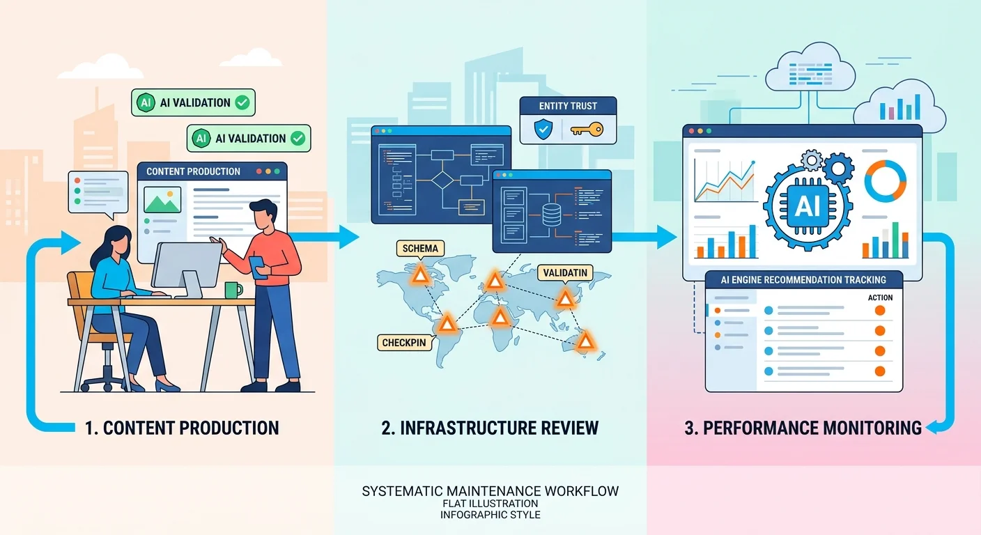 AI authority maintenance protocol showing content execution infrastructure review and performance monitoring stages