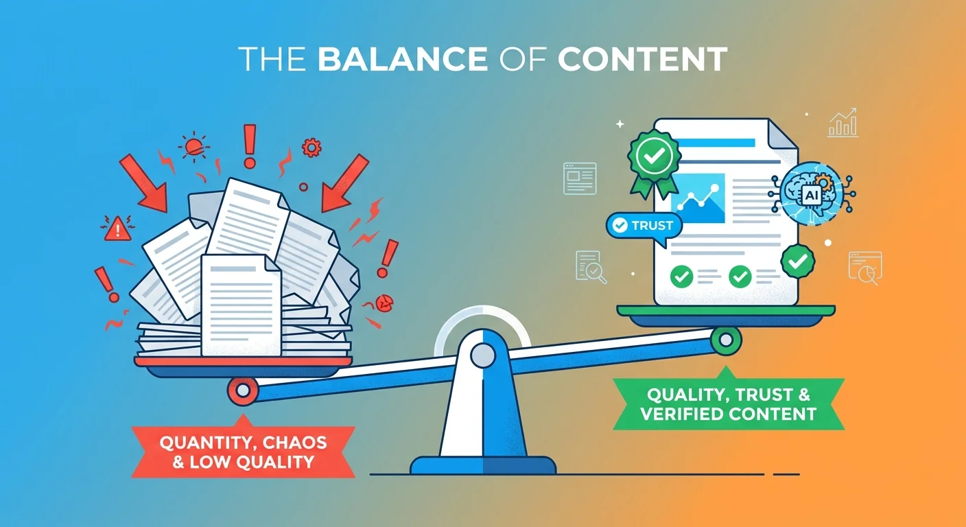 Balance scale comparison showing high volume cheap content versus single high quality AI trusted content