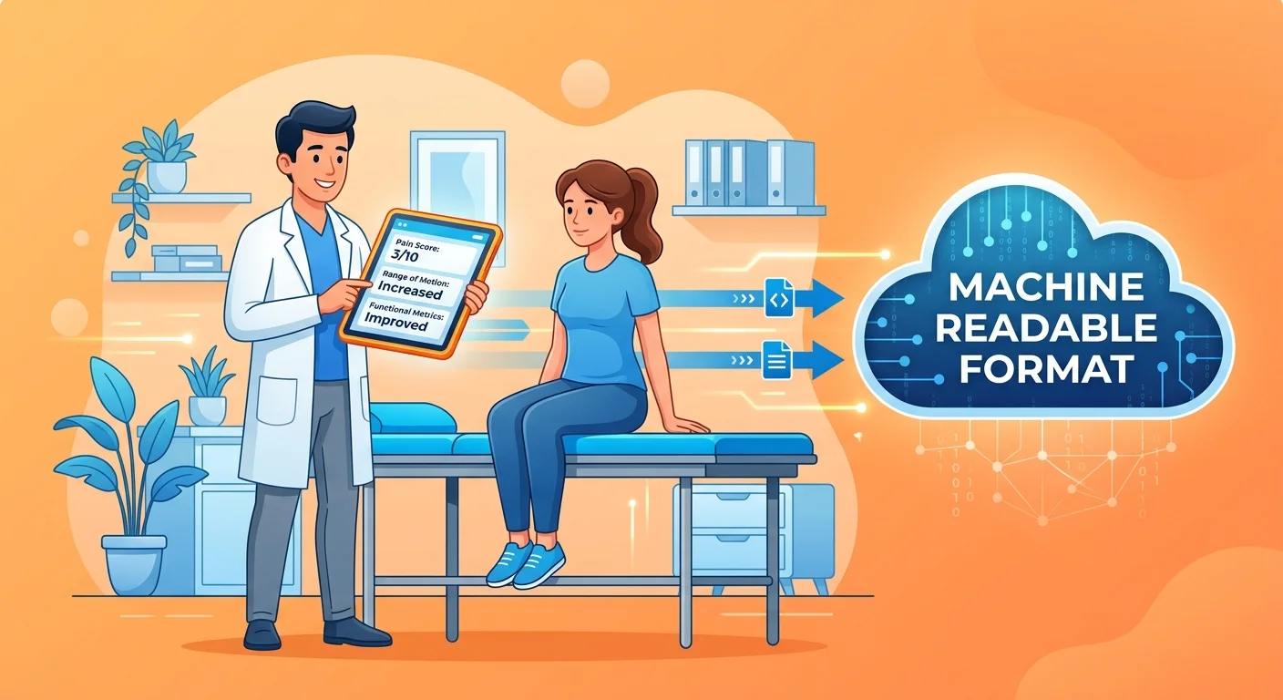 Chiropractor documenting clinical outcomes in machine readable format for AI validation