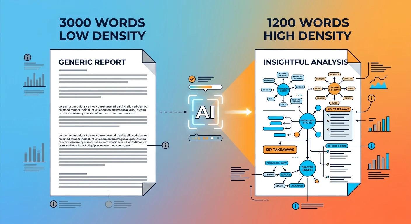 Comparison of low semantic density high word count content versus high semantic density targeted content for AI engines