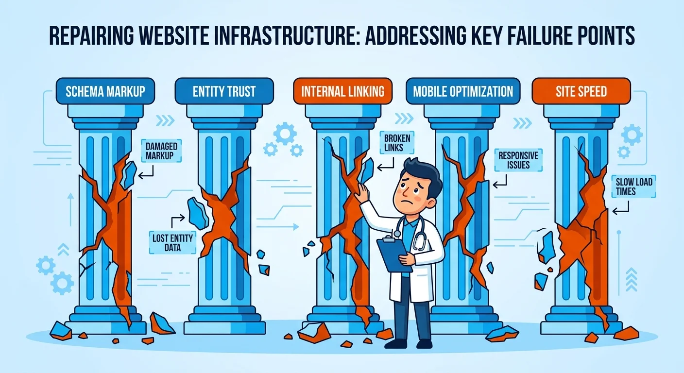 Five critical website infrastructure failures showing missing schema broken entity signals poor hierarchy weak semantic density and slow load times