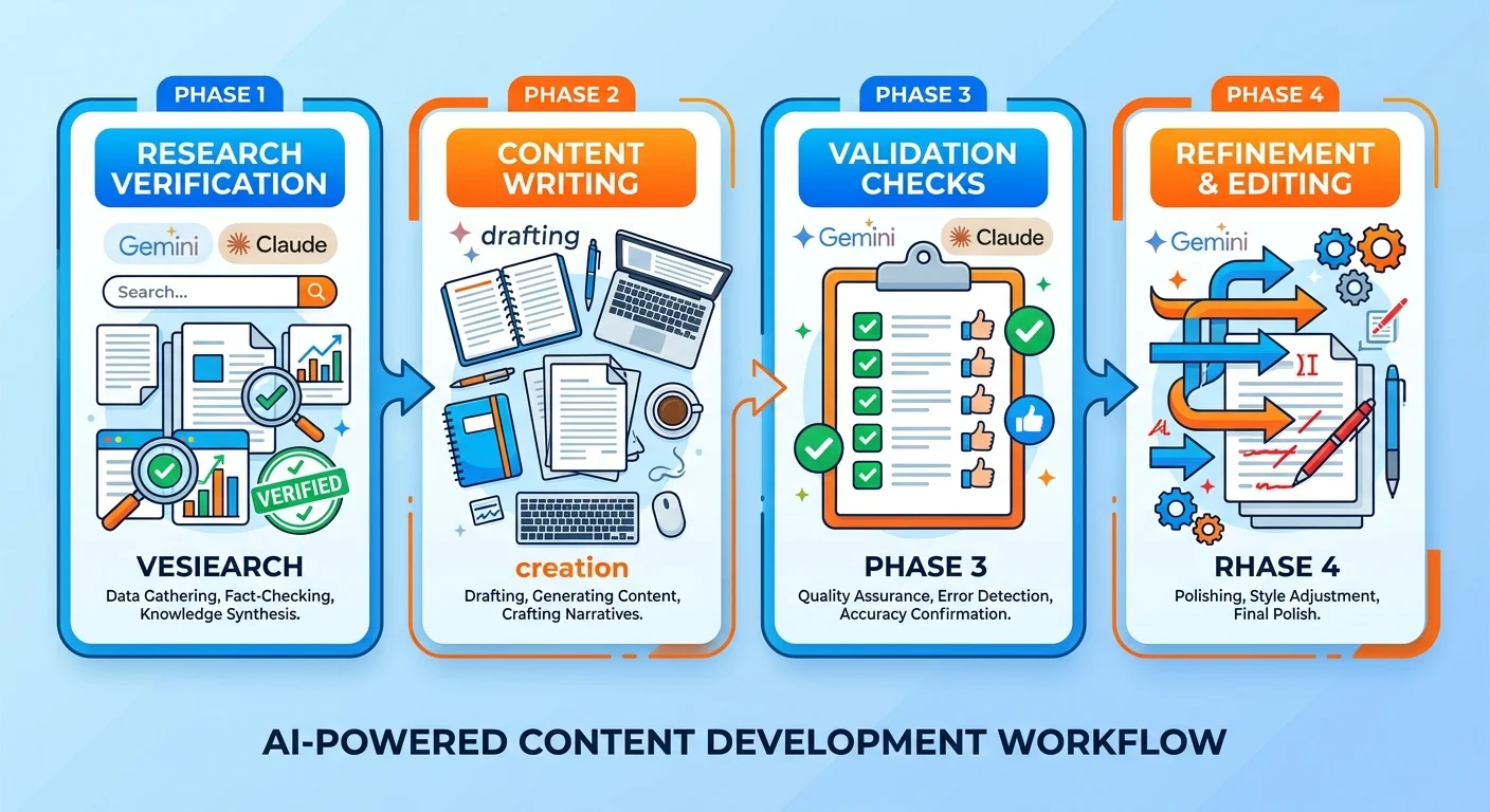 Four-phase validation process from Gemini research through Claude refinement showing quality gates