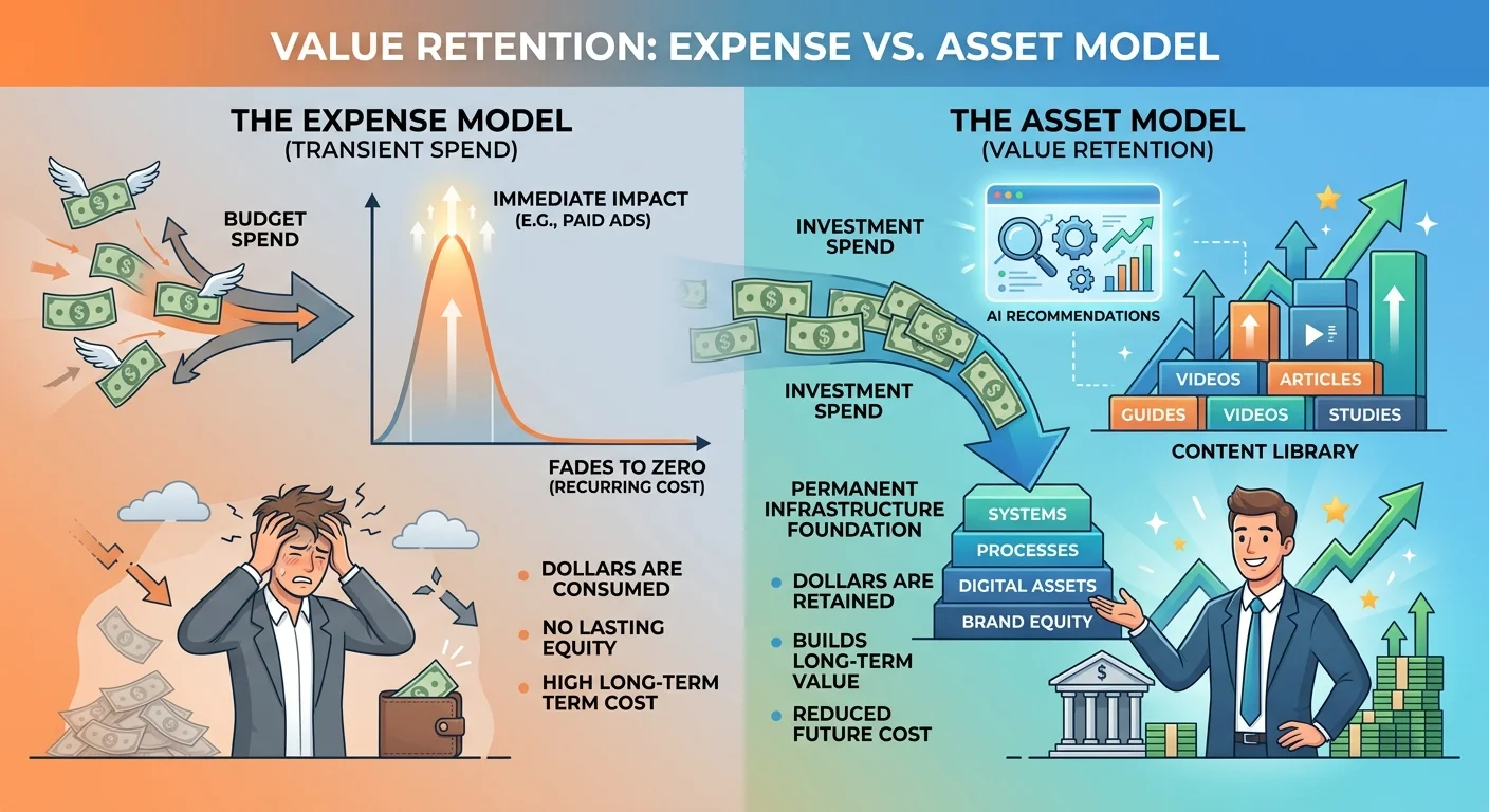 Marketing expense versus authority asset investment model for AI visibility