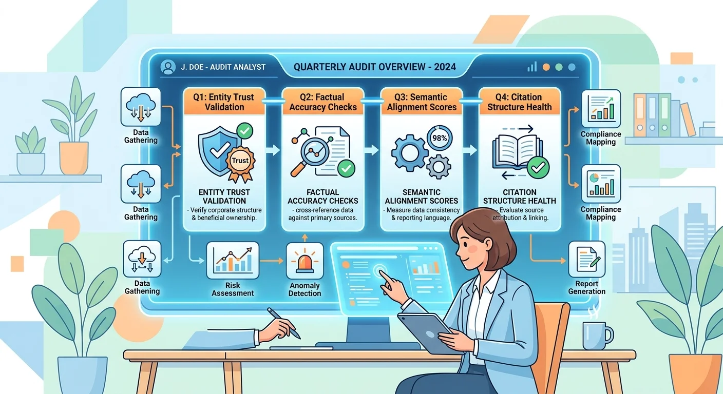 Quarterly AEO audit framework dashboard showing entity trust and semantic alignment checkpoints