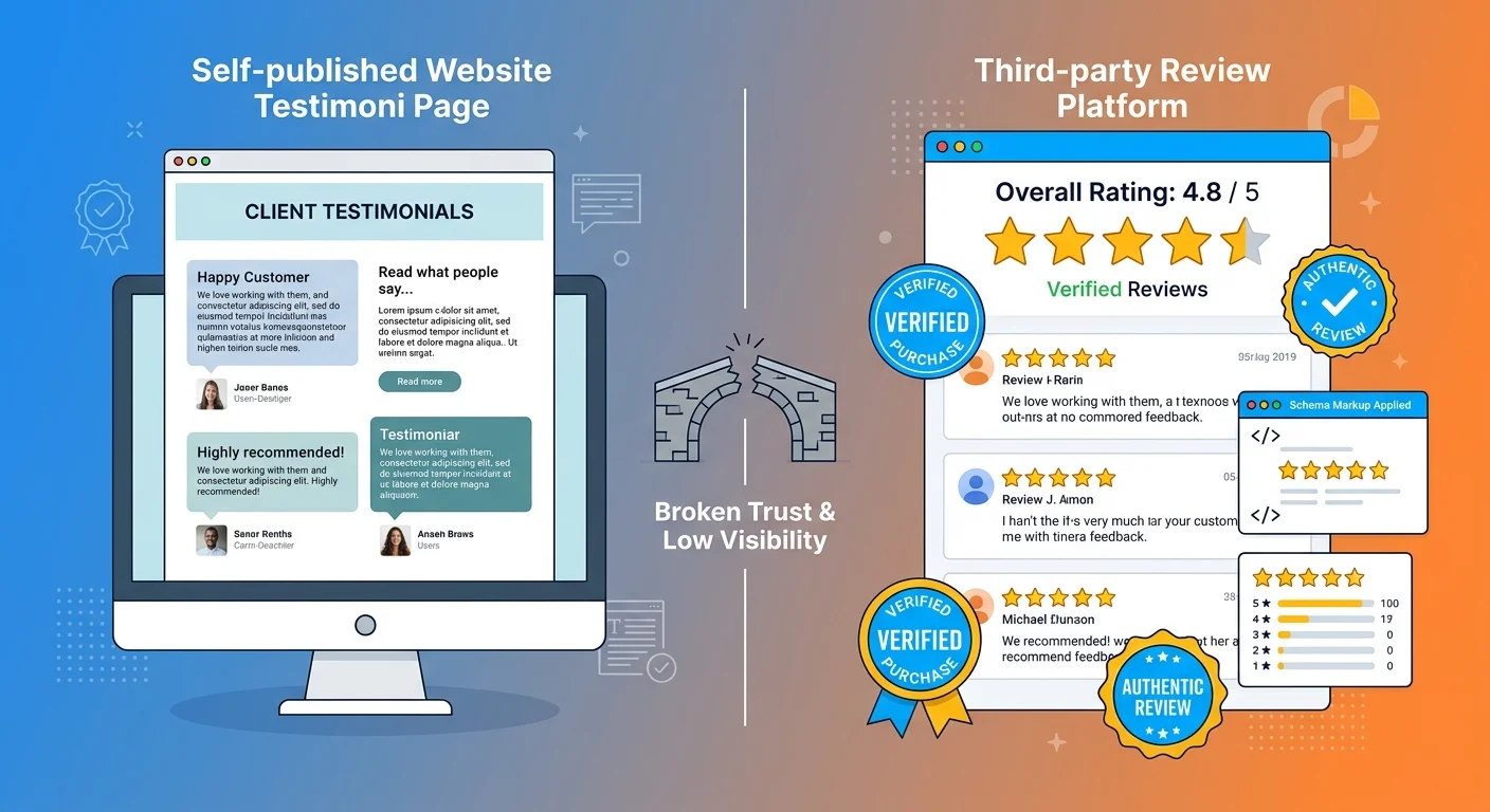 difference between unverifiable website testimonials and structured third party reviews for AI trust