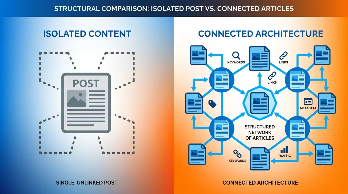 Traditional blog posts vs answer cluster showing isolated content compared to interconnected architecture