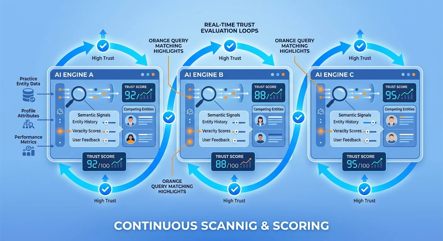 AI engines continuously re-evaluating entity trust signals in real-time competitive landscape
