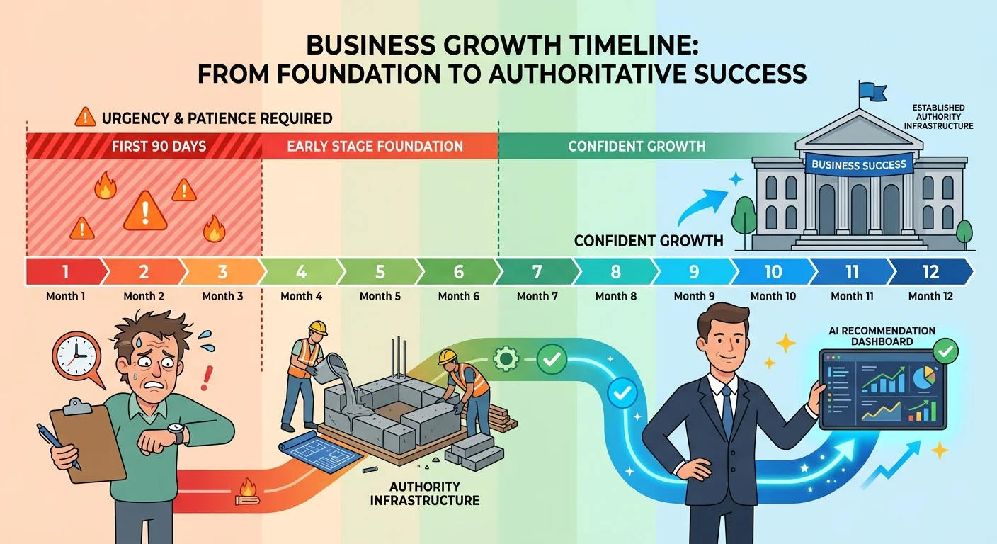 Authority building timeline showing why 90 day expectations fail versus long term compound results