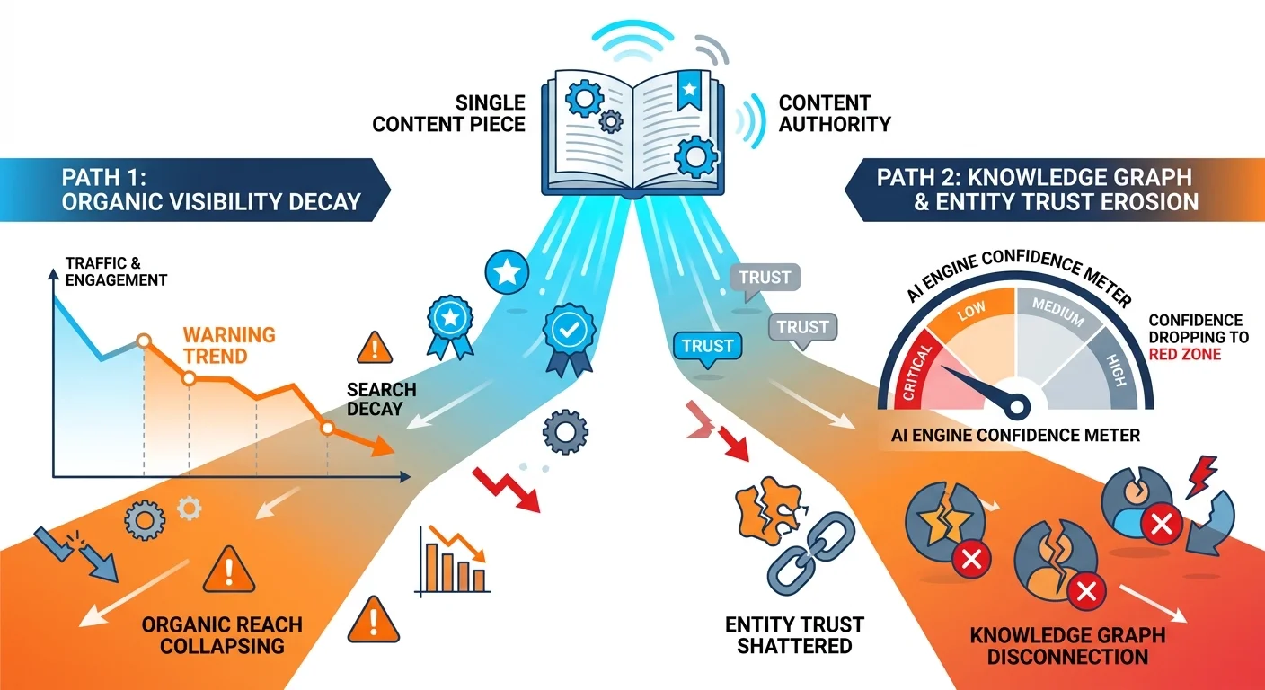 Authority decay versus content decay showing AI trust erosion separate from traffic metrics