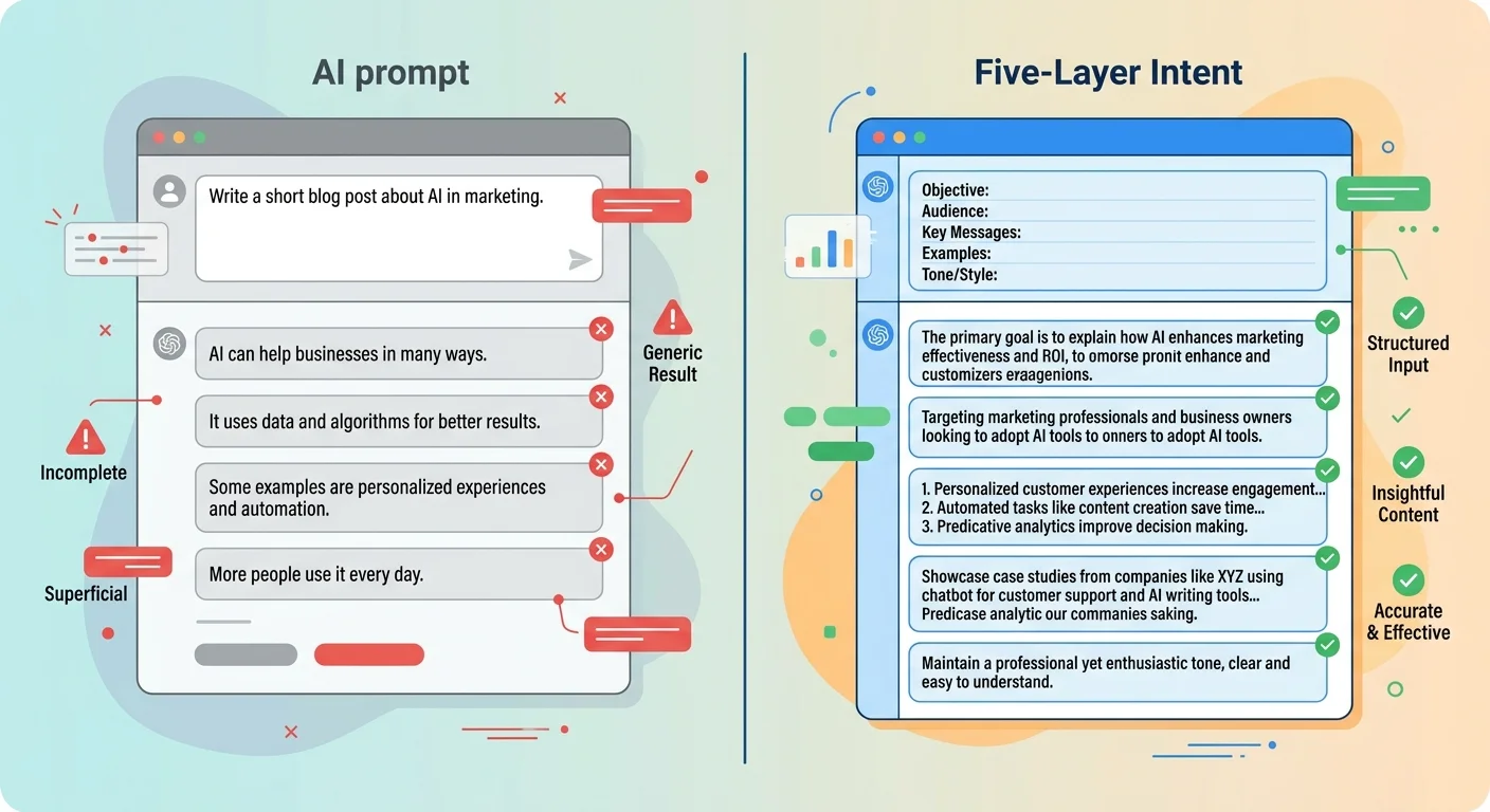 Comparison between generic AI prompts producing shallow content and Five-Layer Intent structured prompts producing comprehensive content