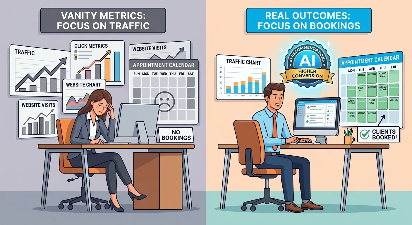 Comparison of vanity traffic metrics versus AI trust leading to actual patient appointments