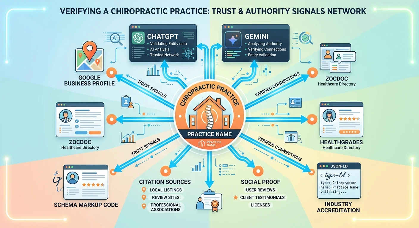 Entity trust network showing chiropractic practice verification signals analyzed by AI answer engines