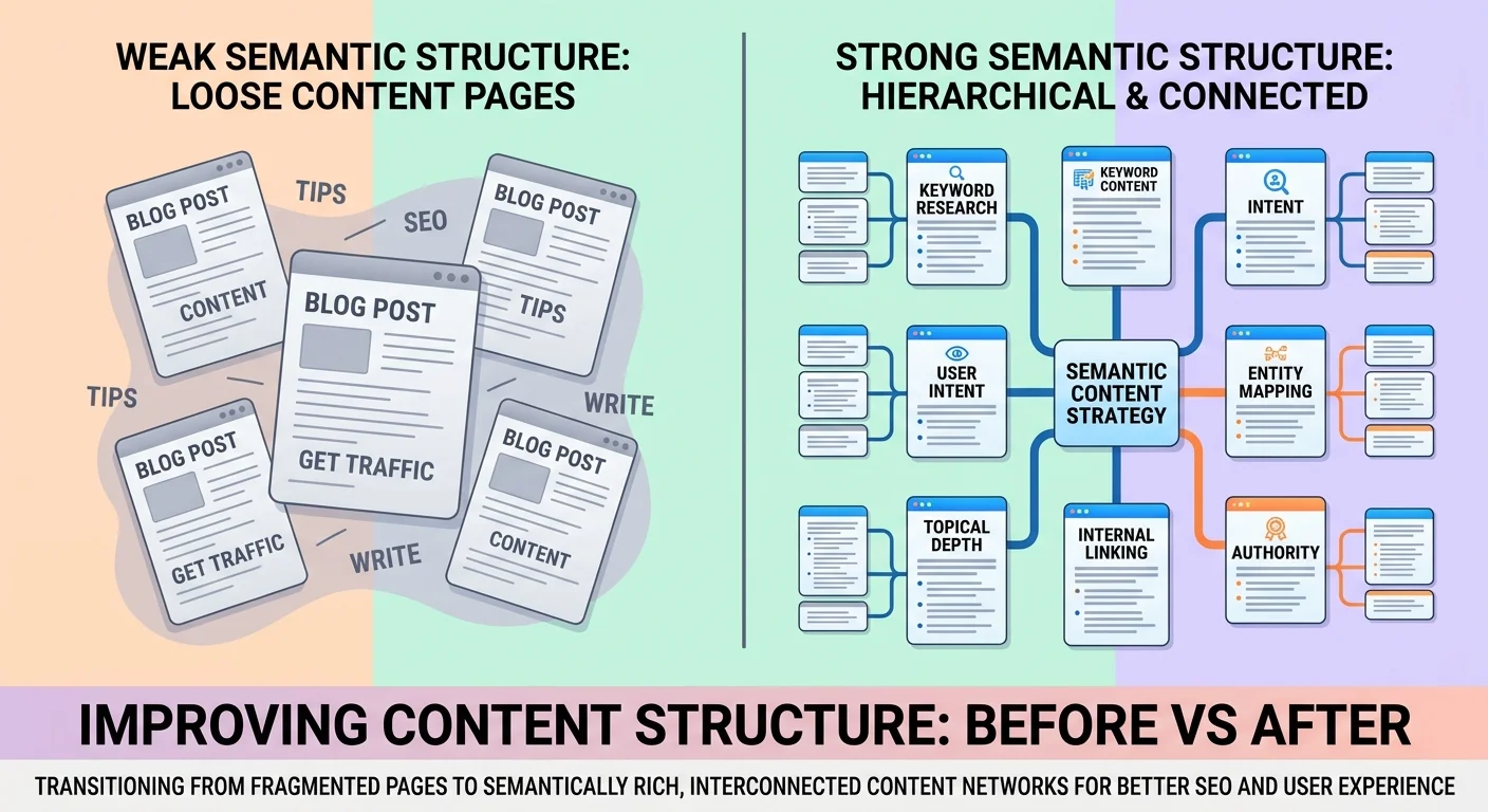 Generic keyword focused blog posts versus structured semantic content showing why most chiropractic content fails AI evaluation