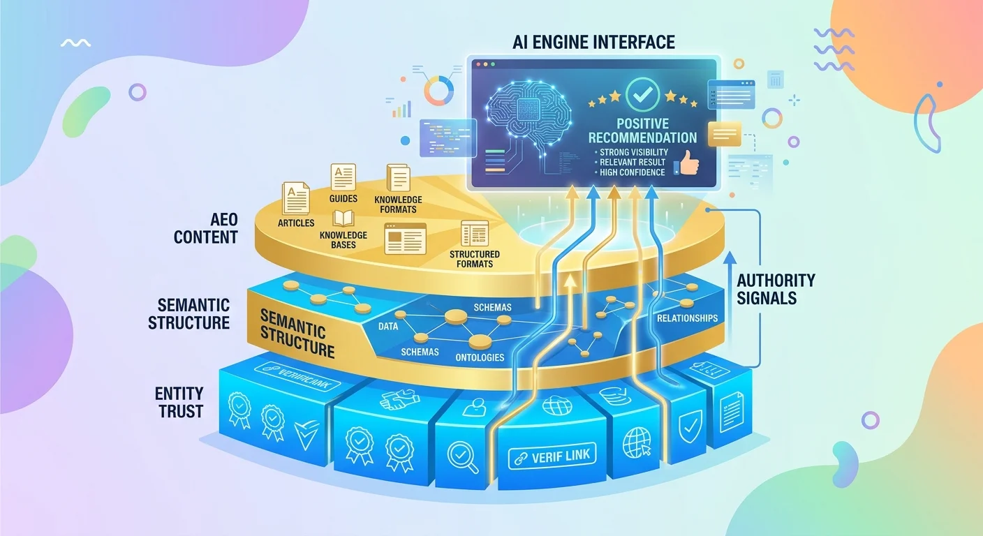 Three-layer authority infrastructure diagram showing entity trust foundation semantic structure middle layer and AEO content execution top layer working together