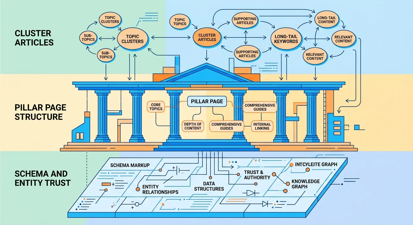 Answer cluster architecture showing foundation schema pillar page and supporting articles