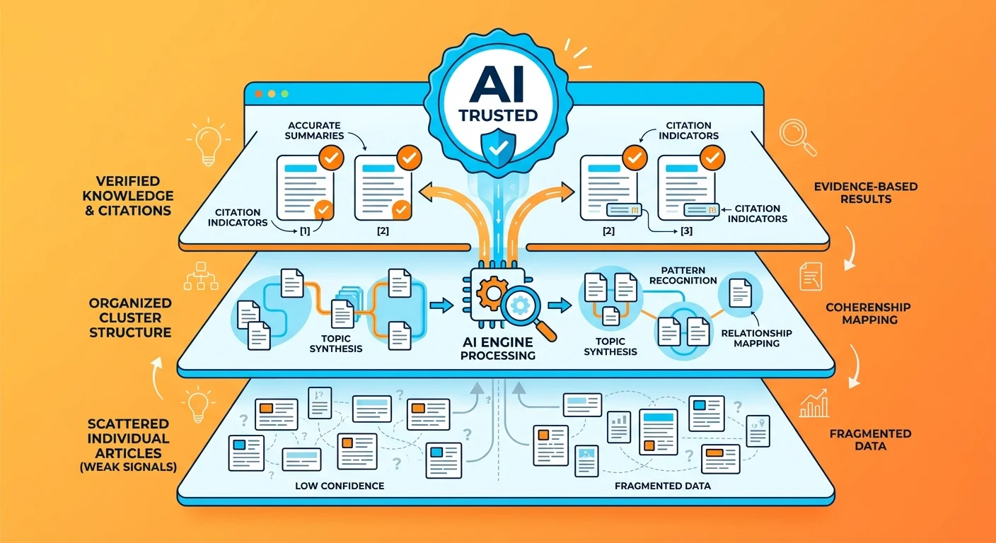 AI engine trust evaluation showing answer cluster authority signals vs isolated content