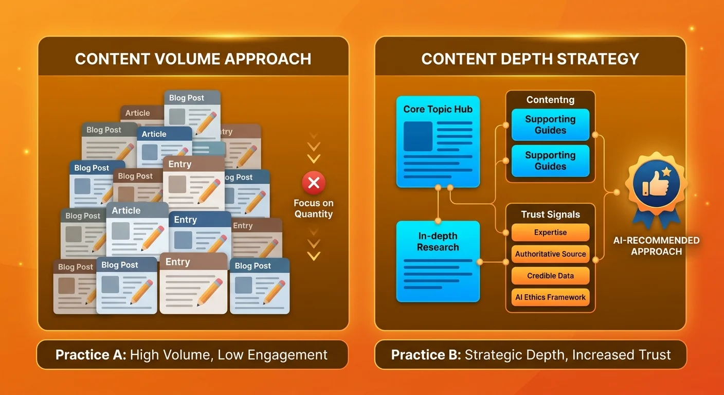 AI evaluating content depth versus volume showing why fewer high quality semantic anchors outperform blog quantity