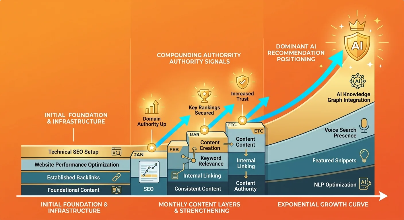 Authority compounding effect showing exponential growth from consistent monthly AEO content execution
