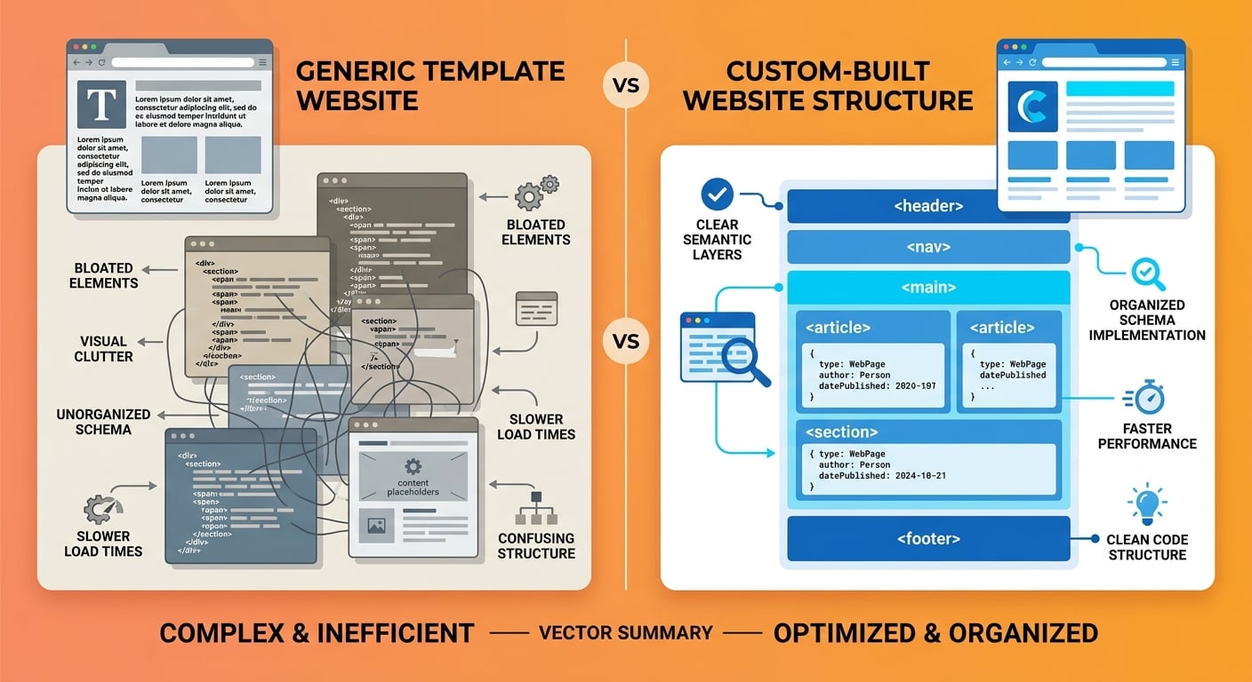 Side-by-side comparison between bloated template website structure with nested divs versus clean custom authority infrastructure with semantic HTML