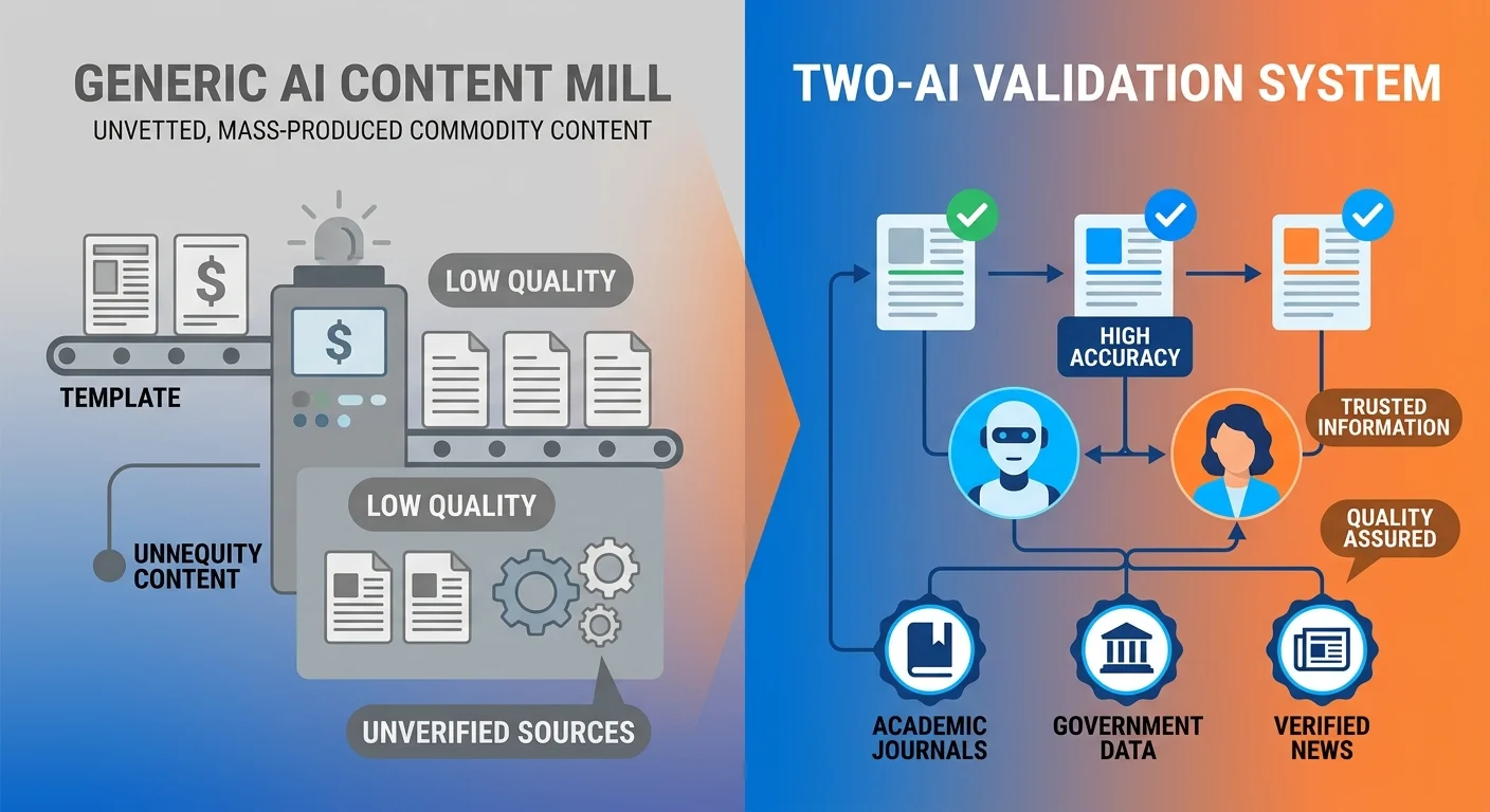 Comparison between generic AI content and validated Two-AI system execution showing quality gaps