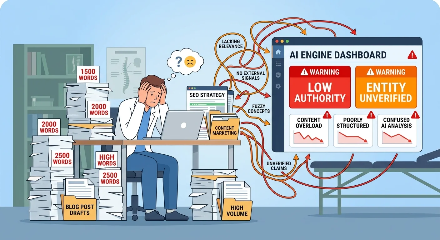 DIY content creation trap showing high word count failing to build AI authority without proper infrastructure